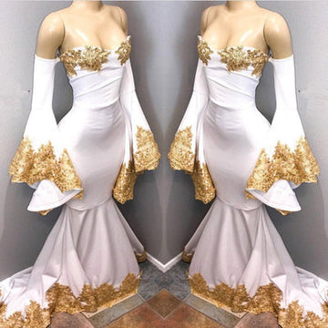 LONG SLEEVES PARTY GOWNS WITH GOLD APPLIQUES PROM DRESS HZ1023